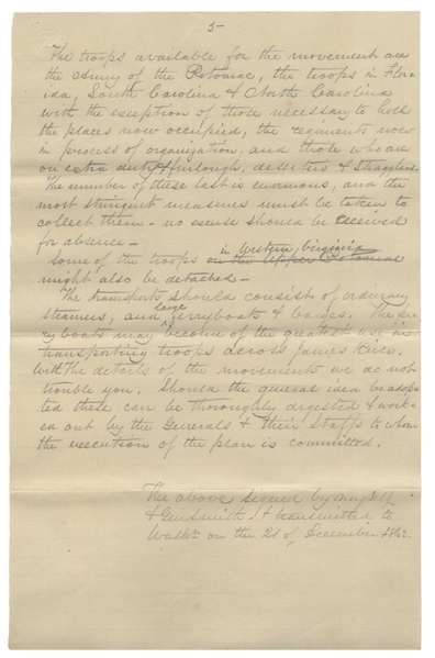 General William Franklin Autograph Draft Letter to Abraham Lincoln on a Plan to Take Richmond After Fredericksburg: ''...at great sacrifice of blood on our part, the result would not be decisive...''